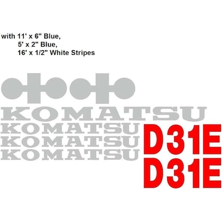 Aftermarket Komatsu Dozer D31E Decal Set Plus 16' x 12 White, 11' x 6 And 5' x 2 Blue Stripes KOMD31EWSDECALSET